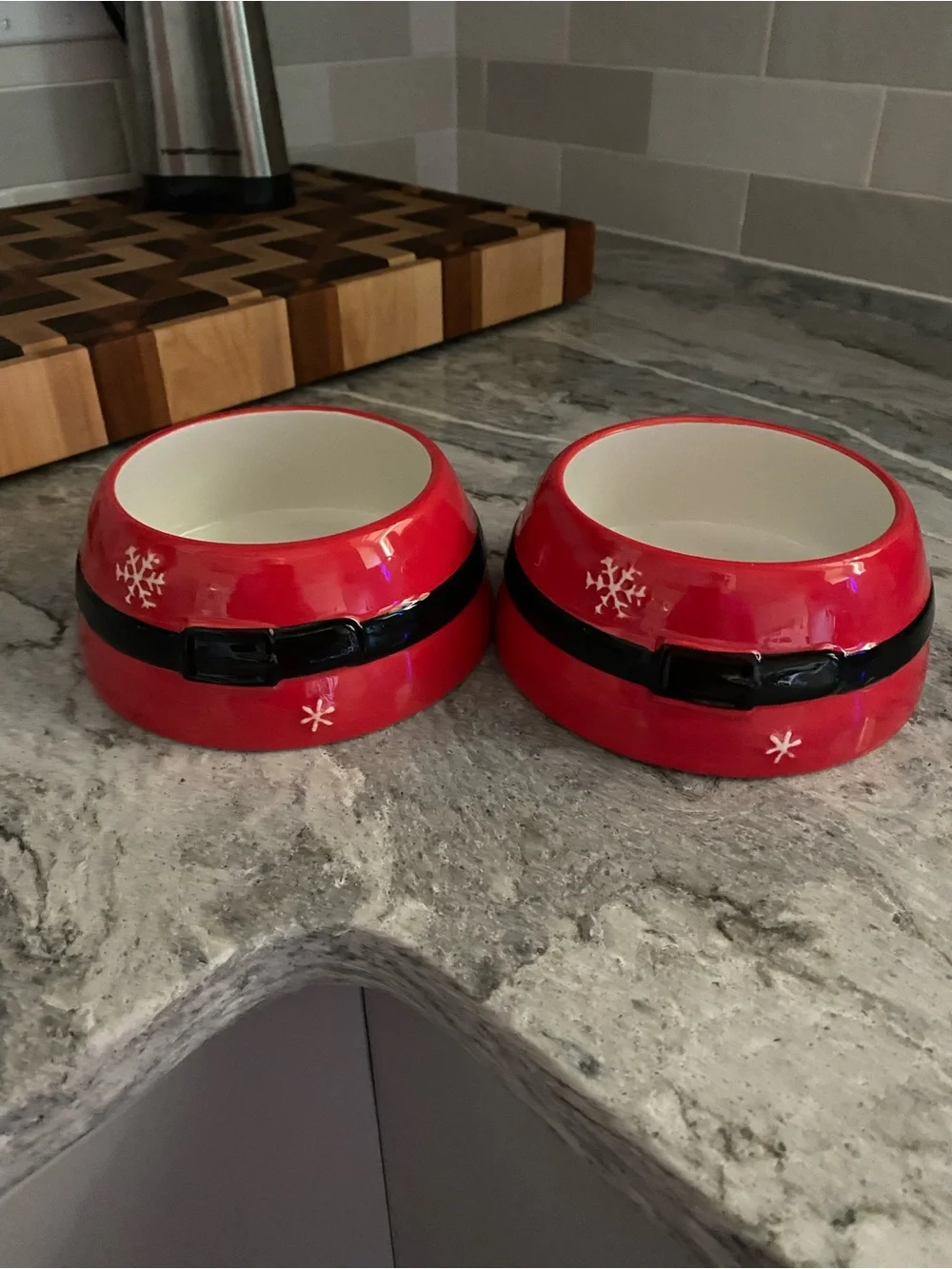 Festive Red Ceramic Pet Bowls with Snowflake Design  and Santa Belt- Set of 2